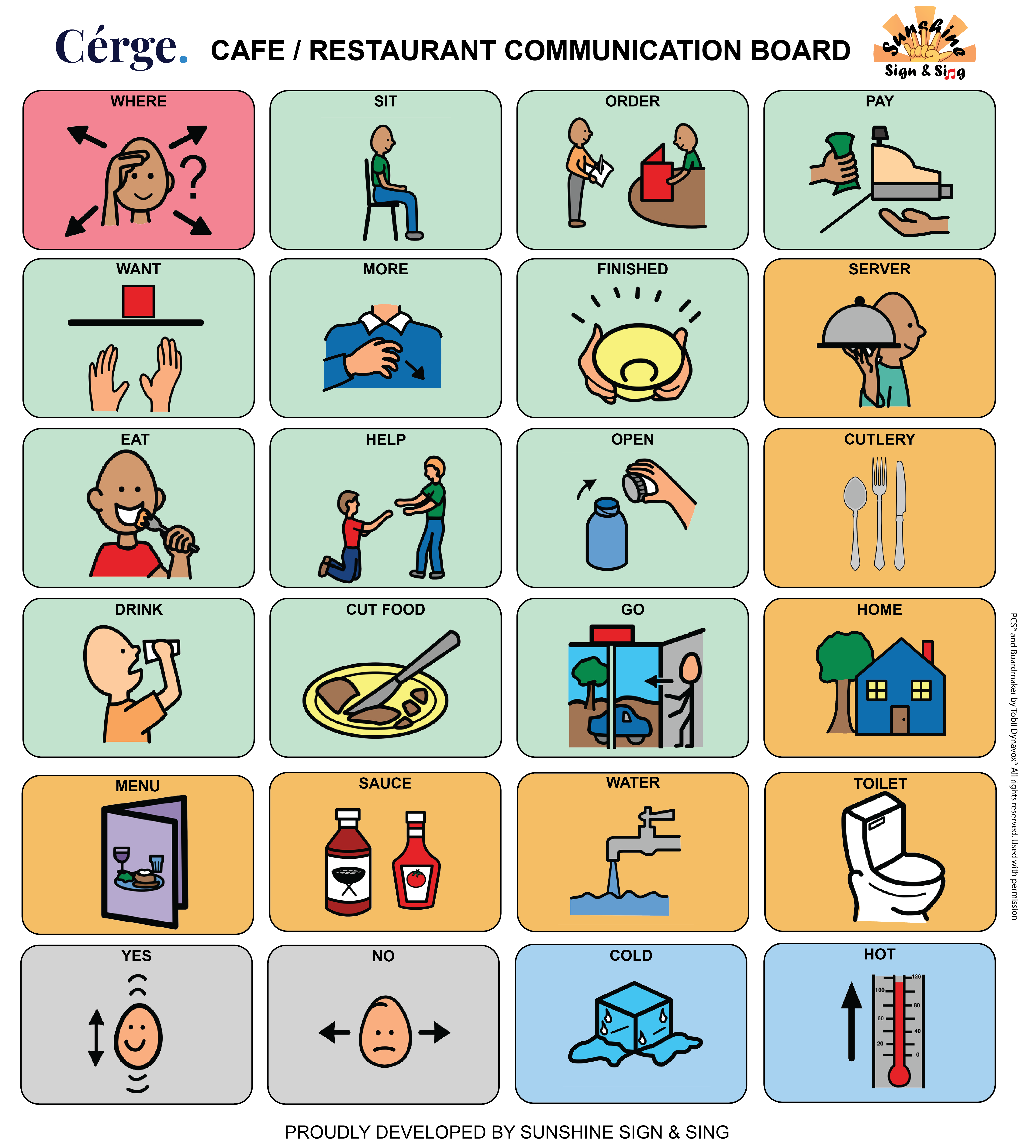 Communication board image of Cérge for Cafe or Restaurant in portrait orientation.